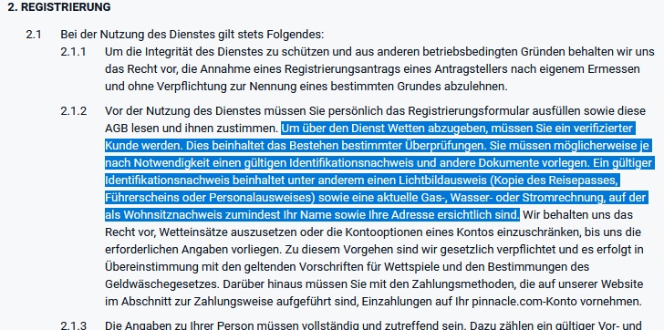 Auszug aus den Registrierungsbedingungen